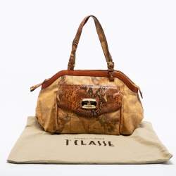 Pre Owned Alviero Martini 1A Classe Beige/Brown Geo Print Coated Canvas/Python Leather Front Pocket Tote