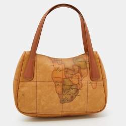 Pre Owned Alviero Martini 1A Classe Tan/Brown Geo Print Coated Canvas And Leather Satchel