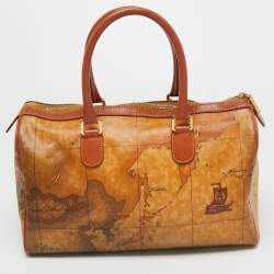 Pre Owned Alviero Martini 1A Classe Tan Geo Classic Print Coated Canvas and Leather Boston Satchel