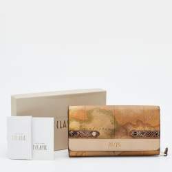 Pre Owned Alviero Martini 1A Classe Tan Geo Print Coated Canvas and Leather Flap Continental Wallet