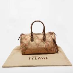 Alviero Martini 1A Classe Gold/Bronze Geo Classic Print Coated Canvas and Leather Boston Satchel