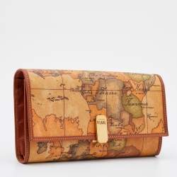 Pre Owned Alviero Martini 1A Classe Tan Geo Print Coated Canvas and Leather Flap Continental Wallet