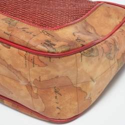 Pre Owned Alviero Martini 1A Classe Tan/Ted Geo Print Coated Canvas and Woven Leather Front Pocket Hobo