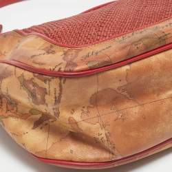 Pre Owned Alviero Martini 1A Classe Tan/Ted Geo Print Coated Canvas and Woven Leather Front Pocket Hobo