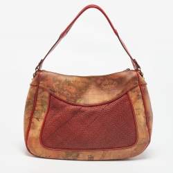 Pre Owned Alviero Martini 1A Classe Tan/Ted Geo Print Coated Canvas and Woven Leather Front Pocket Hobo