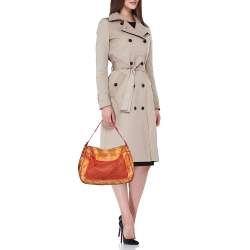 Pre Owned Alviero Martini 1A Classe Tan/Ted Geo Print Coated Canvas and Woven Leather Front Pocket Hobo
