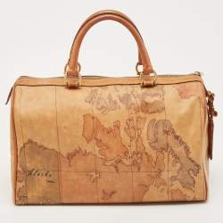 Pre Owned Alviero Martini 1A Classe Tan Geo Classic Print Coated Canvas and Leather Boston Satchel