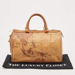 Pre Owned Alviero Martini 1A Classe Tan Geo Classic Print Coated Canvas and Leather Boston Satchel