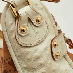 Pre Owned Alviero Martini 1A Classe White/Tan Geo Print Coated Canvas and Leather Front Pocket Hobo