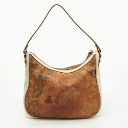Pre Owned Alviero Martini 1A Classe White/Tan Geo Print Coated Canvas and Leather Front Pocket Hobo