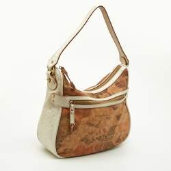Pre Owned Alviero Martini 1A Classe White/Tan Geo Print Coated Canvas and Leather Front Pocket Hobo