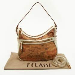 Pre Owned Alviero Martini 1A Classe White/Tan Geo Print Coated Canvas and Leather Front Pocket Hobo