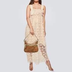 Pre Owned Alviero Martini 1A Classe White/Tan Geo Print Coated Canvas and Leather Front Pocket Hobo