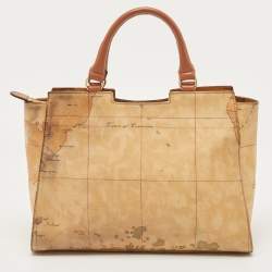 Pre Owned Alviero Martini 1A Classe Tan/Brown Geo Classic Print Coated Canvas and Leather Tote
