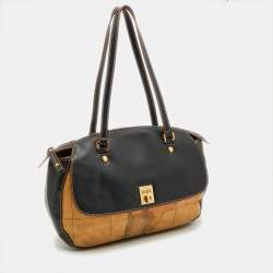 Pre Owned Alviero Martini 1A Classe Tan/Black Geo Print Coated Canvas and Leather Satchel
