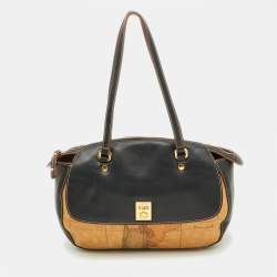 Pre Owned Alviero Martini 1A Classe Tan/Black Geo Print Coated Canvas and Leather Satchel