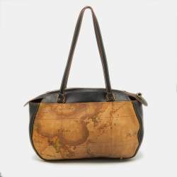 Pre Owned Alviero Martini 1A Classe Tan/Black Geo Print Coated Canvas and Leather Satchel