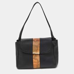Pre Owned Alviero Martini 1A Classe Black/Tan Geo Print Coated Canvas and Leather Shoulder Bag