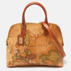 Alviero Martini 1A Classe Brown Geo Print Coated Canvas and Leather Dome Satchel
