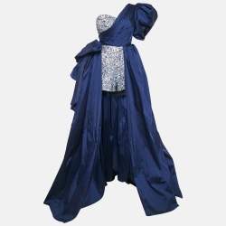 Amelie Baku Blue Sequin Embellished Satin Draped One Shoulder Gown S