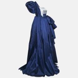 Amelie Baku Blue Sequin Embellished Satin Draped One Shoulder Gown S