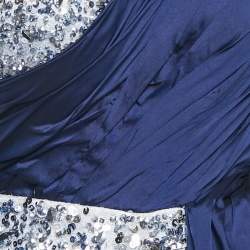 Amelie Baku Blue Sequin Embellished Satin Draped One Shoulder Gown S