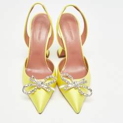 Amina Muaddi Yellow Satin Crystal Embellished Pointed Toe Slingback Pumps Size 36.5