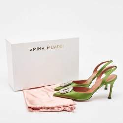 Amina Muaddi Green Satin Camelia Slingback Pumps Size 39