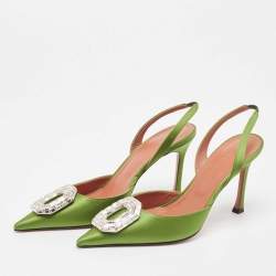 Amina Muaddi Green Satin Camelia Slingback Pumps Size 39