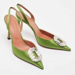 Amina Muaddi Green Satin Camelia Slingback Pumps Size 39