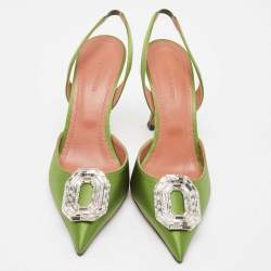 Amina Muaddi Green Satin Camelia Slingback Pumps Size 39
