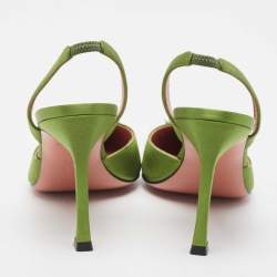Amina Muaddi Green Satin Camelia Slingback Pumps Size 39