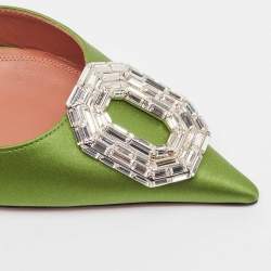 Amina Muaddi Green Satin Camelia Slingback Pumps Size 39