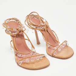 Pre Owned Amina Muaddi Metallic Beige Leather Tina Sandals Size 39