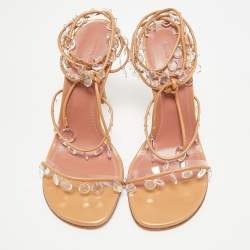 Pre Owned Amina Muaddi Metallic Beige Leather Tina Sandals Size 39