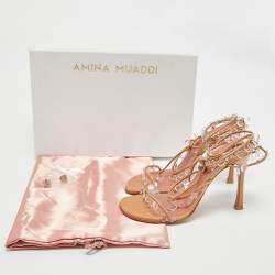 Pre Owned Amina Muaddi Metallic Beige Leather Tina Sandals Size 39