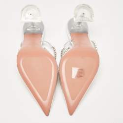 Pre Owned Amina Muaddi Silver PVC Crystal Embellished Mules Size 37.5