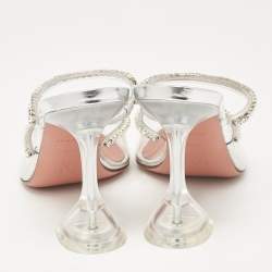 Pre Owned Amina Muaddi Silver PVC Crystal Embellished Mules Size 37.5