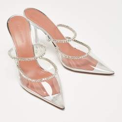 Pre Owned Amina Muaddi Silver PVC Crystal Embellished Mules Size 37.5