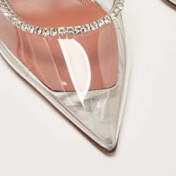 Pre Owned Amina Muaddi Silver PVC Crystal Embellished Mules Size 37.5