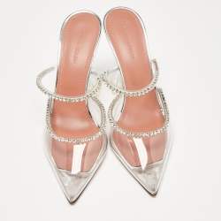 Pre Owned Amina Muaddi Silver PVC Crystal Embellished Mules Size 37.5
