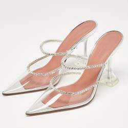 Pre Owned Amina Muaddi Silver PVC Crystal Embellished Mules Size 37.5