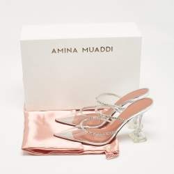 Pre Owned Amina Muaddi Silver PVC Crystal Embellished Mules Size 37.5