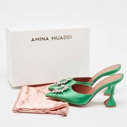 Amina Muaddi Green Satin Crystal Embellished Begum Pointed Toe Mules Size 40.5
