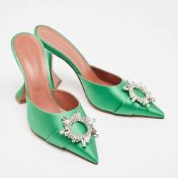 Amina Muaddi Green Satin Crystal Embellished Begum Pointed Toe Mules Size 40.5