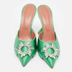 Amina Muaddi Green Satin Crystal Embellished Begum Pointed Toe Mules Size 40.5