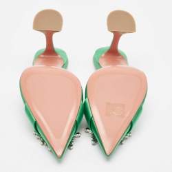 Amina Muaddi Green Satin Crystal Embellished Begum Pointed Toe Mules Size 40.5