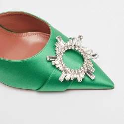 Amina Muaddi Green Satin Crystal Embellished Begum Pointed Toe Mules Size 40.5