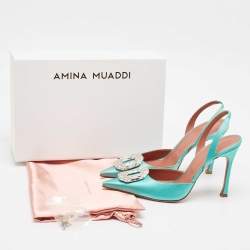 Pre Owned Amina Muaddi Aqua Green Satin Camelia Slingback Pumps Size 41