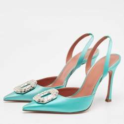 Pre Owned Amina Muaddi Aqua Green Satin Camelia Slingback Pumps Size 41